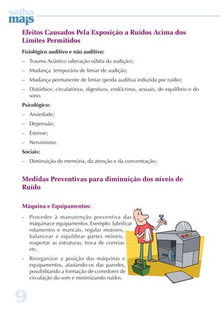 Efeitos Causados Pela Exposição a Ruídos Acima dos 
Limites Permitidos 
Fisiológico auditivo e não auditivo: 
– Trauma Acústico (alteração súbita da audição); 
– Mudança temporária de limiar de audição; 
– Mudança permanente de limiar (perda auditiva induzida por ruído); 
– Distúrbios: circulatórios, digestivos, endócrinos, sexuais, de equilíbrio e do 
9 
sono. 
Psicológico: 
– Ansiedade; 
– Depressão; 
– Estresse; 
– Nervosismo. 
Sociais: 
– Diminuição de memória, da atenção e da concentração; 
Medidas Preventivas para diminuição dos níveis de 
Ruído 
Máquina e Equipamentos: 
- Proceder à manutenção preventiva das 
máquinas e equipamentos. Exemplo: lubrificar 
rolamentos e mancais, regular motores, 
balancear e equilibrar partes móveis, 
reapertar as estruturas, troca de correias 
etc. 
- Reorganizar a posição das máquinas e 
equipamentos, afastando-os das paredes, 
possibilitando a formação de corredores de 
circulação do som e minimizando ruídos. 
 