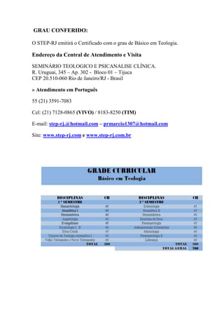 GRAU CONFERIDO:

O STEP-RJ emitirá o Certificado com o grau de Básico em Teologia.

Endereço da Central de Atendimento e Visita

SEMINÁRIO TEOLOGICO E PSICANALISE CLÍNICA.
R. Uruguai, 345 – Ap. 302 - Bloco 01 – Tijuca
CEP 20.510-060 Rio de Janeiro/RJ - Brasil

» Atendimento em Português

55 (21) 3591-7083

Cel: (21) 7128-0865 (VIVO) / 8183-8250 (TIM)

E-mail: step-rj.@hotmail.com – prmarcio1307@hotmail.com

Site: www.step-rj.com e www.step-rj.com.br
 