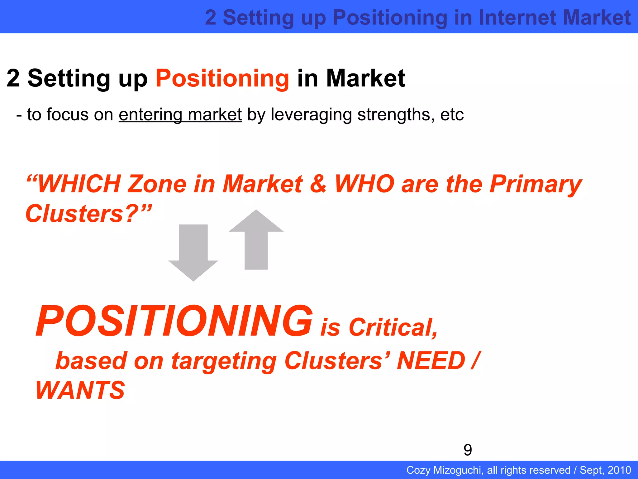 9
Cozy Mizoguchi, all rights reserved / Sept, 2010
　　
2 Setting up Positioning in Market
- to focus on entering market by leveraging strengths, etc
POSITIONING is Critical,
based on targeting Clusters’ NEED /
WANTS
“WHICH Zone in Market & WHO are the Primary
Clusters?”
2 Setting up Positioning in Internet Market
 