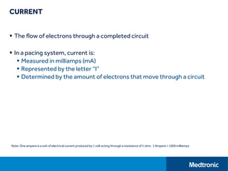 CURRENT
 The flow of electrons through a completed circuit
 In a pacing system, current is:
 Measured in milliamps (mA)
 Represented by the letter “I”
 Determined by the amount of electrons that move through a circuit
Note: One ampere is a unit of electrical current produced by 1 volt acting through a resistance of 1 ohm. 1 Ampere = 1000milliamps
 