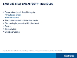 FACTORS THAT CAN AFFECT THRESHOLDS
 Pacemaker circuit (lead) integrity
 Insulation break
 Wire fracture
 The characteristics of the electrode
 Electrode placement within the heart
 Drugs
 Electrolytes
 Sleeping/Eating
Hayes DL, Asirvatham SJ, Friedman PA. Cardiac Pacing, Defibrillation,and Resynchronization. Hoboken, NJ: Wiley-Blackwell; 2010.
 