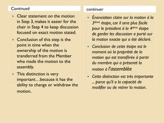 Continued                                continuer
   Clear statement on the motion           Énonciation claire sur la motion à la
    in Step 3, makes it easier for the       3ième étape, car il sera plus facile
    chair in Step 4 to keep discussion       pour le président à la 4ième étape
    focused on exact motion stated.          de garder les discussion a porté sur
   Conclusion of this step is the           la motion exacte qui a été déclaré.
    point in time when the                  Conclusion de cette étape est le
    ownership of the motion is               moment où la propriété de la
    transferred from the Member              motion qui est transférée à partir
    who made the motion to the               du membre qui a présenté la
    assembly.                                motion à l'assemblée
   This distinction is very
                                            Cette distinction est très importante
    important…because it has the
                                             ... parce qu'il a la capacité de
    ability to change or withdraw the
                                             modifier ou de retirer la motion.
    motion.
 