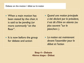 Debate on the motion / débat sur la motion



   When a main motion has                      Quand une motion principale
    been stated by the chair, it                 a été déclaré par le président,
    is said to be pending (or                    il est dit d’être en attente (ou
    more commonly “on the                        plus souvent "sur le
    floor”.                                      plancher« ).


   It is now before the group                  La motion est maintenant
    for debate and action                        devant l’assembler pour le
                                                 débat et l'action

                               Step 4 – Debate
                             4ième étape - Débat
 