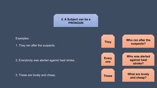 2. A Subject can be a
PRONOUN
Examples:
1. They ran after the suspects.
Who ran after the
suspects?
2. Everybody was alerted against heat stroke.
3. These are lovely and cheap. What are lovely
and cheap?
Who was alerted
against heat
stroke?
They
These
Every
one
 