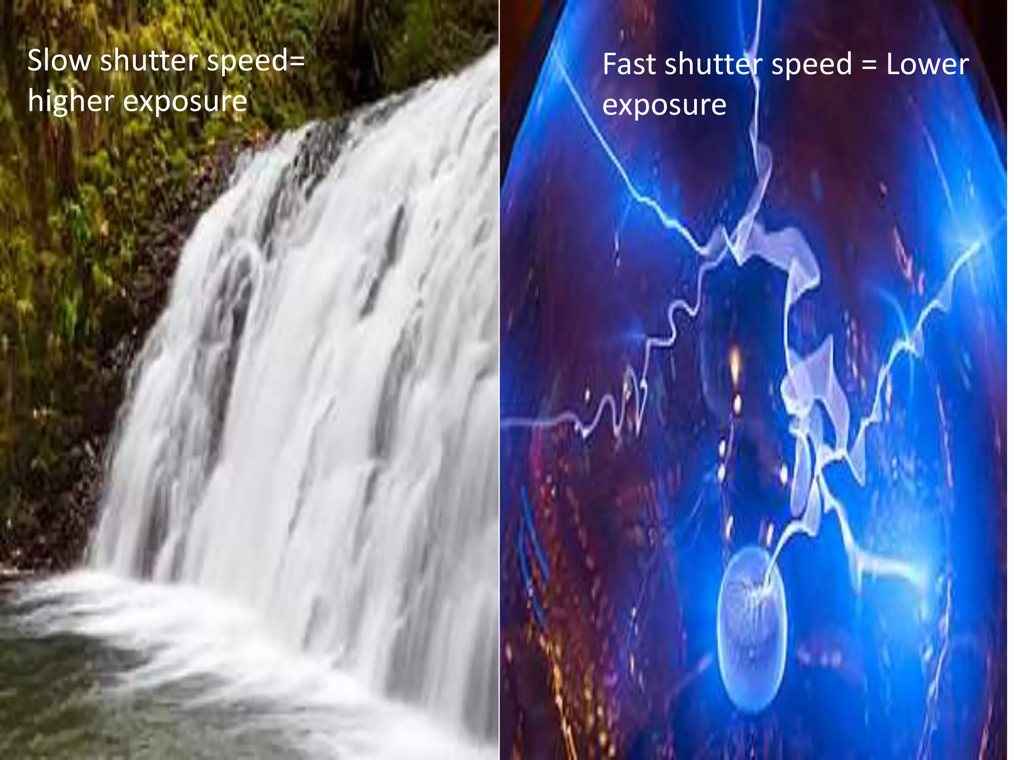 Slow shutter speed=
higher exposure
Fast shutter speed = Lower
exposure
 