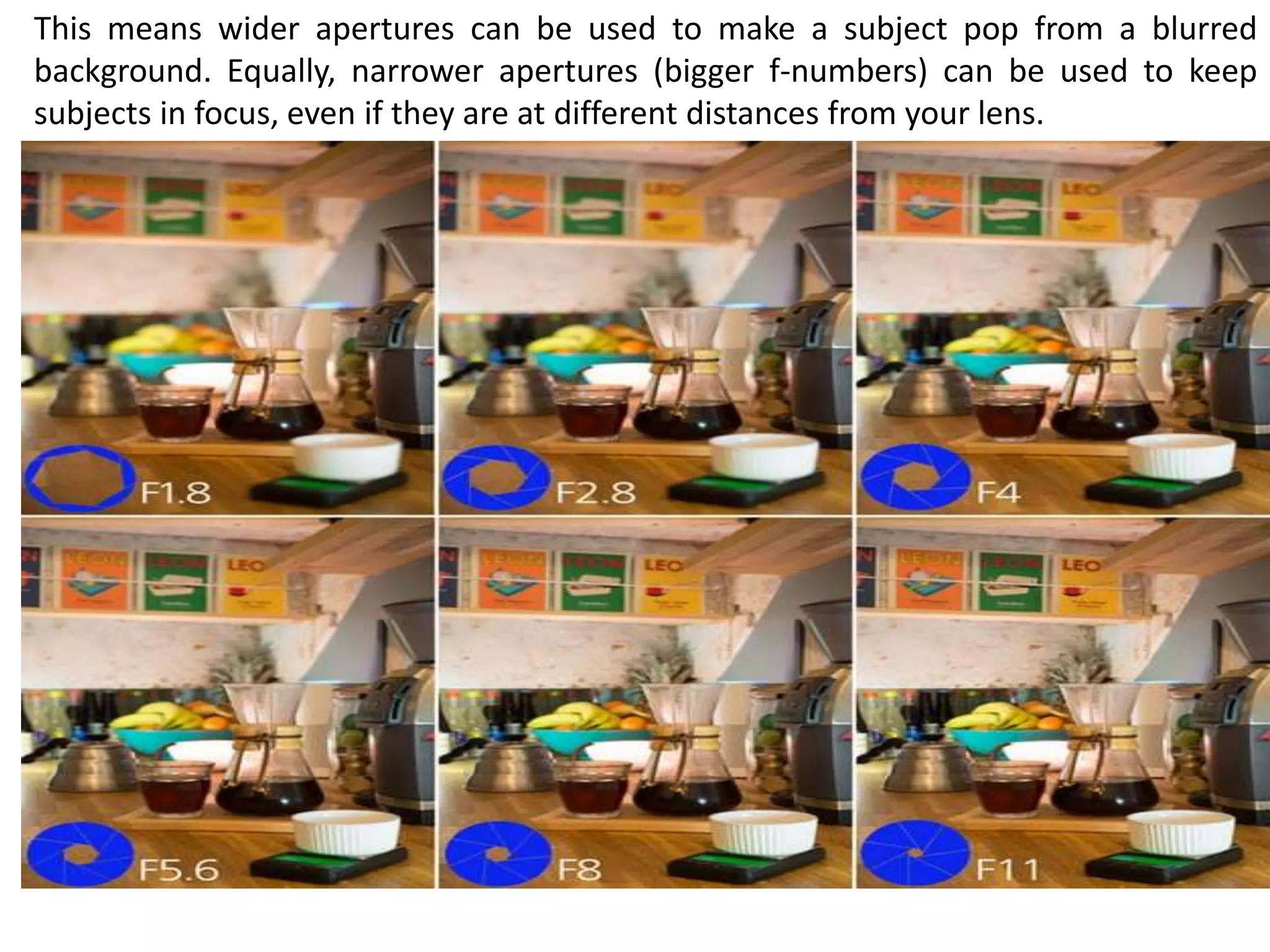 This means wider apertures can be used to make a subject pop from a blurred
background. Equally, narrower apertures (bigger f-numbers) can be used to keep
subjects in focus, even if they are at different distances from your lens.
 