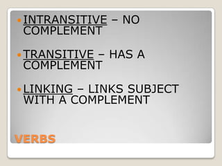 VERBSINTRANSITIVE – NO COMPLEMENTTRANSITIVE – HAS A COMPLEMENTLINKING – LINKS SUBJECT WITH A COMPLEMENT