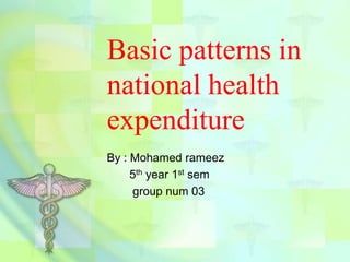 Basic patterns in
national health
expenditure
By : Mohamed rameez
5th year 1st sem
group num 03

 