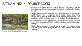 BATUAN INDUK (SOURCE ROCK)
• Source rock atau batuan induk definisi singkatnya adalah
batuan yang dapat menghasilkan hidrokarbon (minyak dan gas
bumi).
• Terdiri dari endapan sedimen kaya akan material organik (dari
lipid hewan dan tumbuhan mati jutaan taun lalu yang
terendapkan dengan baik) yang dapat menghasilan minyak dan
gas bumi ketika endapan tersebut tertimbun dan terpanaskan.
• Bahan-bahan organic yang dapat menghasilkan minyak dan gas
bumi yang terdapat didalam endapan sedimen dikenal dengan
kerogen.
• Shale (batu lempung/ serpih yang keras) merupakan jenis
batuan yang biasa menjadi source rock dalam petroleum
system
Outcrop Shale (Batu Serpih) di lapangan.
 