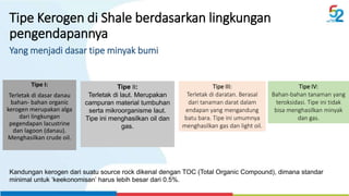 Tipe Kerogen di Shale berdasarkan lingkungan
pengendapannya
Yang menjadi dasar tipe minyak bumi
Tipe I:
Terletak di dasar danau
bahan- bahan organic
kerogen merupakan alga
dari lingkungan
pegendapan lacustrine
dan lagoon (danau).
Menghasilkan crude oil.
Tipe II:
Terletak di laut. Merupakan
campuran material tumbuhan
serta mikroorganisme laut.
Tipe ini menghasilkan oil dan
gas.
Tipe III:
Terletak di daratan. Berasal
dari tanaman darat dalam
endapan yang mengandung
batu bara. Tipe ini umumnya
menghasilkan gas dan light oil.
Tipe IV:
Bahan-bahan tanaman yang
teroksidasi. Tipe ini tidak
bisa menghasilkan minyak
dan gas.
Kandungan kerogen dari suatu source rock dikenal dengan TOC (Total Organic Compound), dimana standar
minimal untuk ‘keekonomisan’ harus lebih besar dari 0.5%.
 