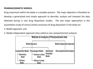 PHARMACOKINETIC MODELS
Drug movement within the body is a complex process. The major objective is therefore to
develop a generalized and simple approach to describe, analyse and interpret the data
obtained during in vivo drug disposition studies. The two major approaches in the
quantitative study of various kinetic processes of drug disposition in the body are
1. Model approach, and
2. Model-independent approach (also called as non-compartmental analysis).
 