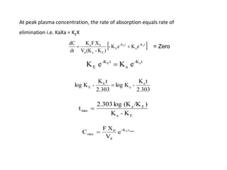 At peak plasma concentration, the rate of absorption equals rate of
elimination i.e. KaXa = KEX
 
t
K
-
a
t
K
-
E
E
a
d
0
a a
E
e
K
e
K
-
)
K
-
(K
V
X
F
K
dt
dC

 = Zero
t
-K
a
t
-K
E
a
E
e
K
e
K 
2.303
t
K
K
log
2.303
t
K
K
log a
a
E
E -
- 
K
K
)
/K
(K
log
2.303
t
E
a
E
a
max
-

max
Et
K
-
d
0
max e
V
X
F
C 
 