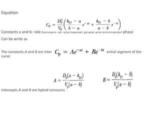 Equation
Constants a and b- rate constant for distribution phase and elimination phase
Can be write as
The constants A and B are intercepts on the y axis for each exponential segment of the
curve
Intercepts A and B are hybrid constants
 