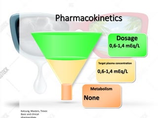 Pharmacokinetics
Target plasma concentration
0,6-1,4 mEq/L
Dosage
0,6-1,4 mEq/L
Metabolism
None
Katzung, Masters, Trevor.
Basic and clinical
 