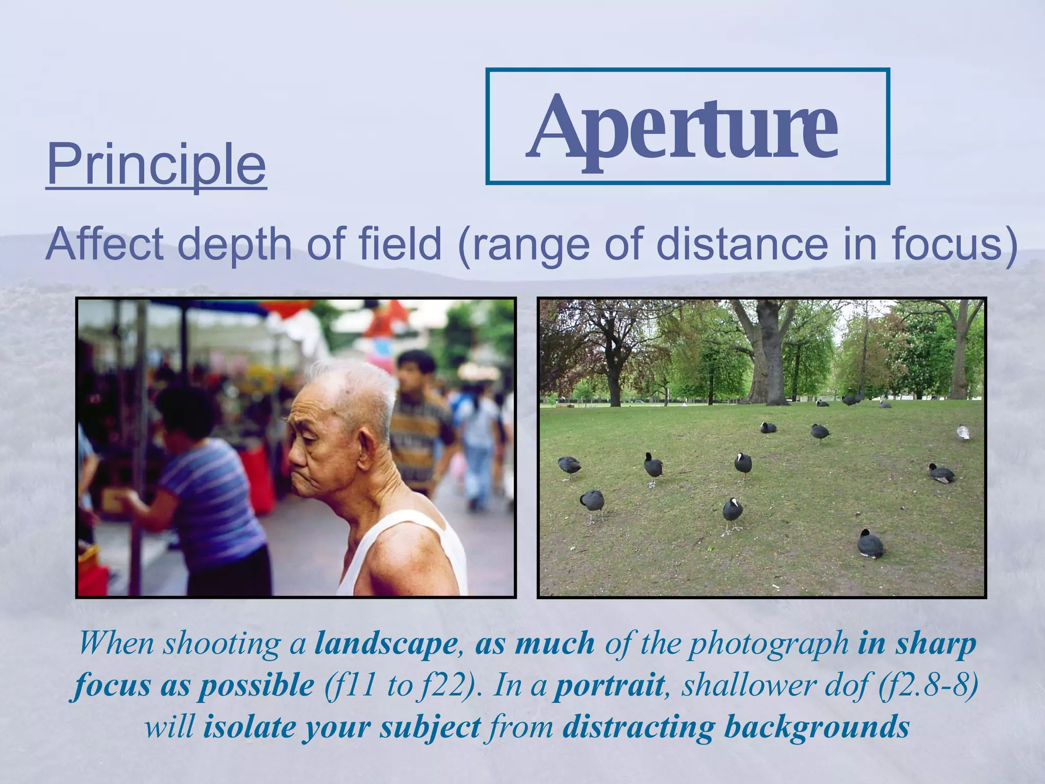 Aperture Principle   Affect depth of field (range of distance in focus) When shooting a  landscape ,  as much  of the photograph  in sharp focus as possible  (f11 to f22). In a  portrait , shallower dof (f2.8-8) will  isolate your subject  from  distracting backgrounds 