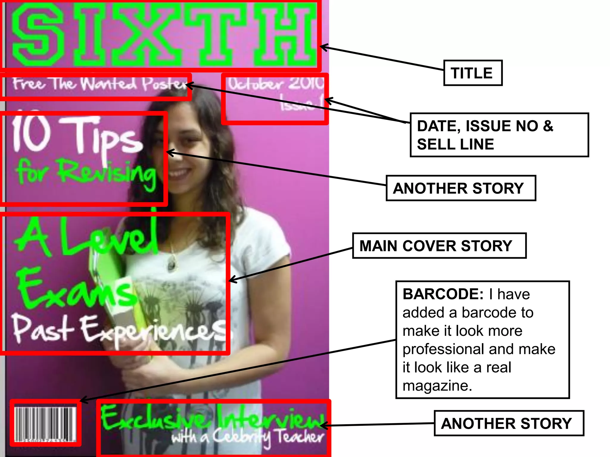 TITLE


      DATE, ISSUE NO &
      SELL LINE

   ANOTHER STORY


MAIN COVER STORY


    BARCODE: I have
    added a barcode to
    make it look more
    professional and make
    it look like a real
    magazine.

         ANOTHER STORY
 