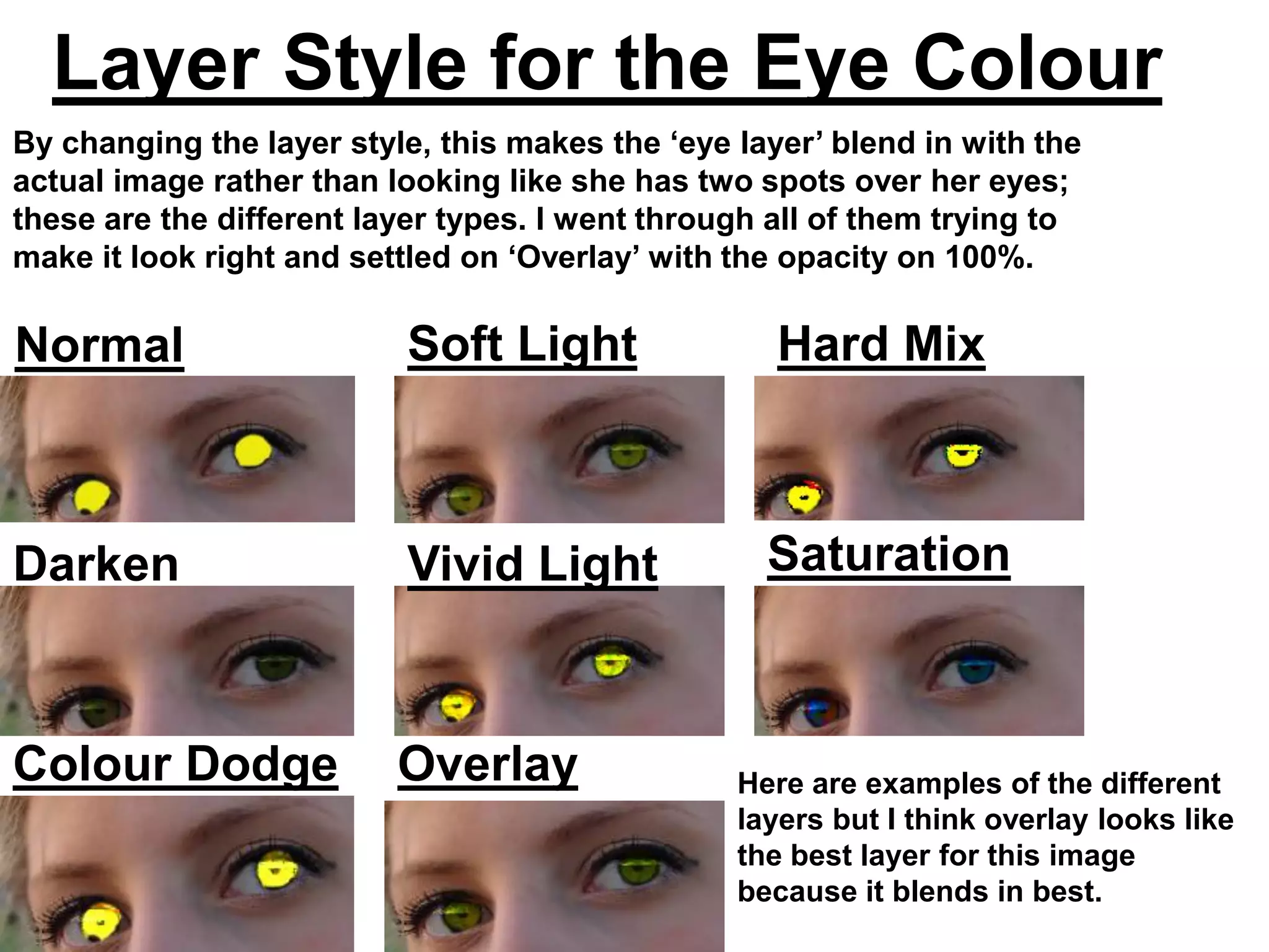 Layer Style for the Eye Colour
By changing the layer style, this makes the ‘eye layer’ blend in with the
actual image rather than looking like she has two spots over her eyes;
these are the different layer types. I went through all of them trying to
make it look right and settled on ‘Overlay’ with the opacity on 100%.

Normal                    Soft Light                Hard Mix



Darken                    Vivid Light              Saturation



Colour Dodge              Overlay                Here are examples of the different
                                                 layers but I think overlay looks like
                                                 the best layer for this image
                                                 because it blends in best.
 