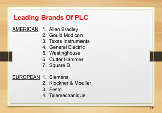 12
Leading Brands Of PLC
AMERICAN 1. Allen Bradley
2. Gould Modicon
3. Texas Instruments
4. General Electric
5. Westinghouse
6. Cutter Hammer
7. Square D
EUROPEAN 1. Siemens
2. Klockner & Mouller
3. Festo
4. Telemechanique
 