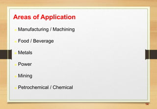 14
Areas of Application
 Manufacturing / Machining
 Food / Beverage
 Metals
 Power
 Mining
 Petrochemical / Chemical
 