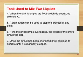 4. When the tank is empty, the float switch de-energizes
solenoid C.
5. A stop button can be used to stop the process at any
point.
6. If the motor becomes overloaded, the action of the entire
circuit will stop.
7. Once the circuit has been energized it will continue to
operate until it is manually stopped.
18
Tank Used to Mix Two Liquids
 