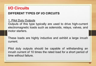 32
I/O Circuits
DIFFERENT TYPES OF I/O CIRCUITS
1. Pilot Duty Outputs
Outputs of this type typically are used to drive high-current
electromagnetic loads such as solenoids, relays, valves, and
motor starters.
These loads are highly inductive and exhibit a large inrush
current.
Pilot duty outputs should be capable of withstanding an
inrush current of 10 times the rated load for a short period of
time without failure.
 
