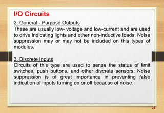 33
I/O Circuits
2. General - Purpose Outputs
These are usually low- voltage and low-current and are used
to drive indicating lights and other non-inductive loads. Noise
suppression may or may not be included on this types of
modules.
3. Discrete Inputs
Circuits of this type are used to sense the status of limit
switches, push buttons, and other discrete sensors. Noise
suppression is of great importance in preventing false
indication of inputs turning on or off because of noise.
 