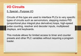35
I/O Circuits
5. Special - Purpose I/O
Circuits of this type are used to interface PLCs to very specific
types of circuits such as servomotors, stepping motors PID
(proportional plus integral plus derivative) loops, high-speed
pulse counting, resolver and decoder inputs, multiplexed
displays, and keyboards.
This module allows for limited access to timer and counter
presets and other PLC variables without requiring a program
loader.
 