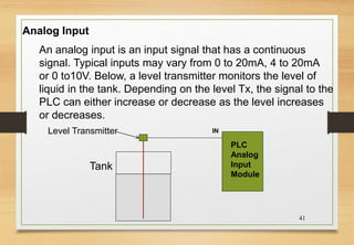 41
IN
PLC
Analog
Input
Module
Tank
Level Transmitter
An analog input is an input signal that has a continuous
signal. Typical inputs may vary from 0 to 20mA, 4 to 20mA
or 0 to10V. Below, a level transmitter monitors the level of
liquid in the tank. Depending on the level Tx, the signal to the
PLC can either increase or decrease as the level increases
or decreases.
Analog Input
 