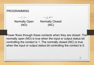 72
PROGRAMMING
Normally Open
(NO)
Normally Closed
(NC)
Power flows through these contacts when they are closed. The
normally open (NO) is true when the input or output status bit
controlling the contact is 1. The normally closed (NC) is true
when the input or output status bit controlling the contact is 0.
 