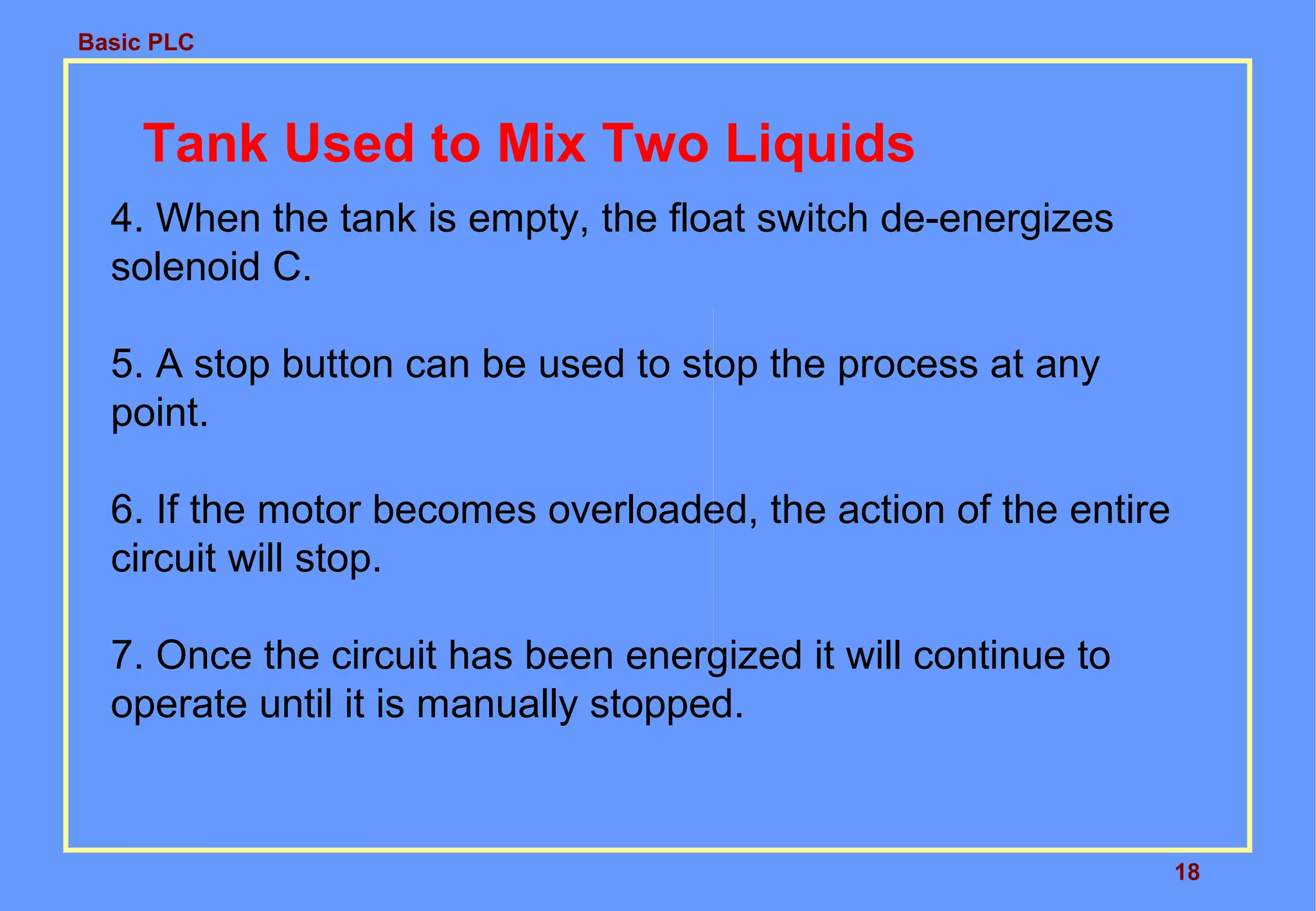 Basic PLC
4. When the tank is empty, the float switch de-energizes
solenoid C.
5. A stop button can be used to stop the process at any
point.
6. If the motor becomes overloaded, the action of the entire
circuit will stop.
7. Once the circuit has been energized it will continue to
operate until it is manually stopped.
18
Tank Used to Mix Two Liquids
 