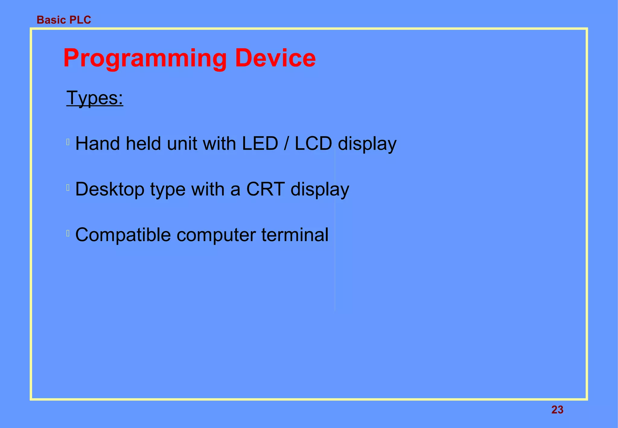 Basic PLC
23
Programming Device
Types:

Hand held unit with LED / LCD display

Desktop type with a CRT display

Compatible computer terminal
 