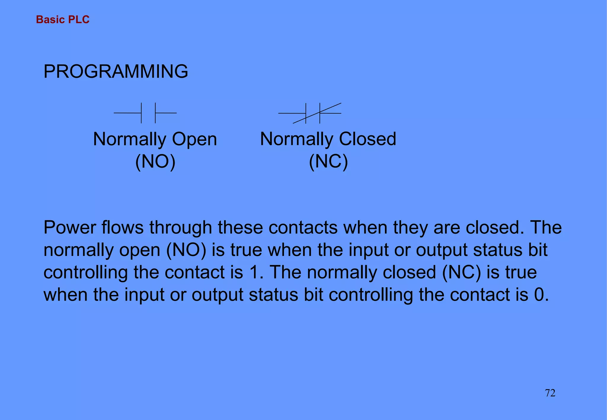 Basic PLC
72
PROGRAMMING
Normally Open
(NO)
Normally Closed
(NC)
Power flows through these contacts when they are closed. The
normally open (NO) is true when the input or output status bit
controlling the contact is 1. The normally closed (NC) is true
when the input or output status bit controlling the contact is 0.
 