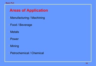 Basic PLC

Areas of Application


Manufacturing / Machining



Food / Beverage



Metals



Power



Mining



Petrochemical / Chemical

14

 