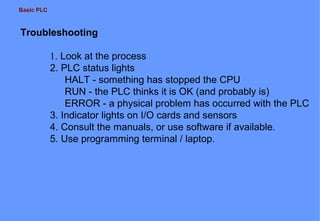 Basic PLC

Troubleshooting
1. Look at the process
2. PLC status lights
HALT - something has stopped the CPU
RUN - the PLC thinks it is OK (and probably is)
ERROR - a physical problem has occurred with the PLC
3. Indicator lights on I/O cards and sensors
4. Consult the manuals, or use software if available.
5. Use programming terminal / laptop.

 