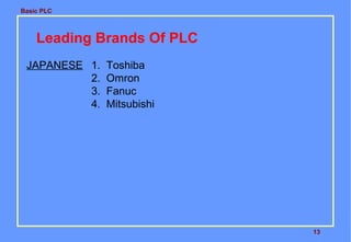 Basic PLC
13
Leading Brands Of PLC
JAPANESE 1. Toshiba
2. Omron
3. Fanuc
4. Mitsubishi
 