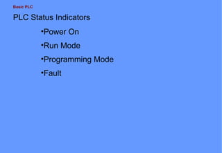 Basic PLC
PLC Status Indicators
•Power On
•Run Mode
•Programming Mode
•Fault
 