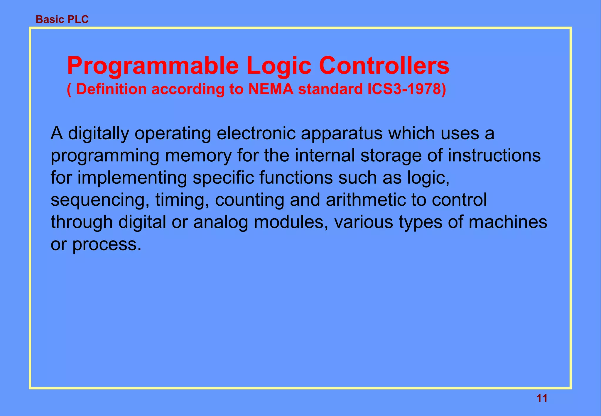 Basic PLC
11
Programmable Logic Controllers
( Definition according to NEMA standard ICS3-1978)
A digitally operating electronic apparatus which uses a
programming memory for the internal storage of instructions
for implementing specific functions such as logic,
sequencing, timing, counting and arithmetic to control
through digital or analog modules, various types of machines
or process.
 