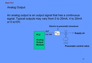 Basic PLC
43
OUT
PLC
Analog
Output
Module
An analog output is an output signal that has a continuous
signal. Typical outputs may vary from 0 to 20mA, 4 to 20mA
or 0 to10V.
Analog Output
E
P
Pneumatic control valve
Supply air
Electric to pneumatic transducer
0 to 10V
 