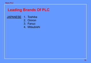 Basic PLC
13
Leading Brands Of PLC
JAPANESE 1. Toshiba
2. Omron
3. Fanuc
4. Mitsubishi
 