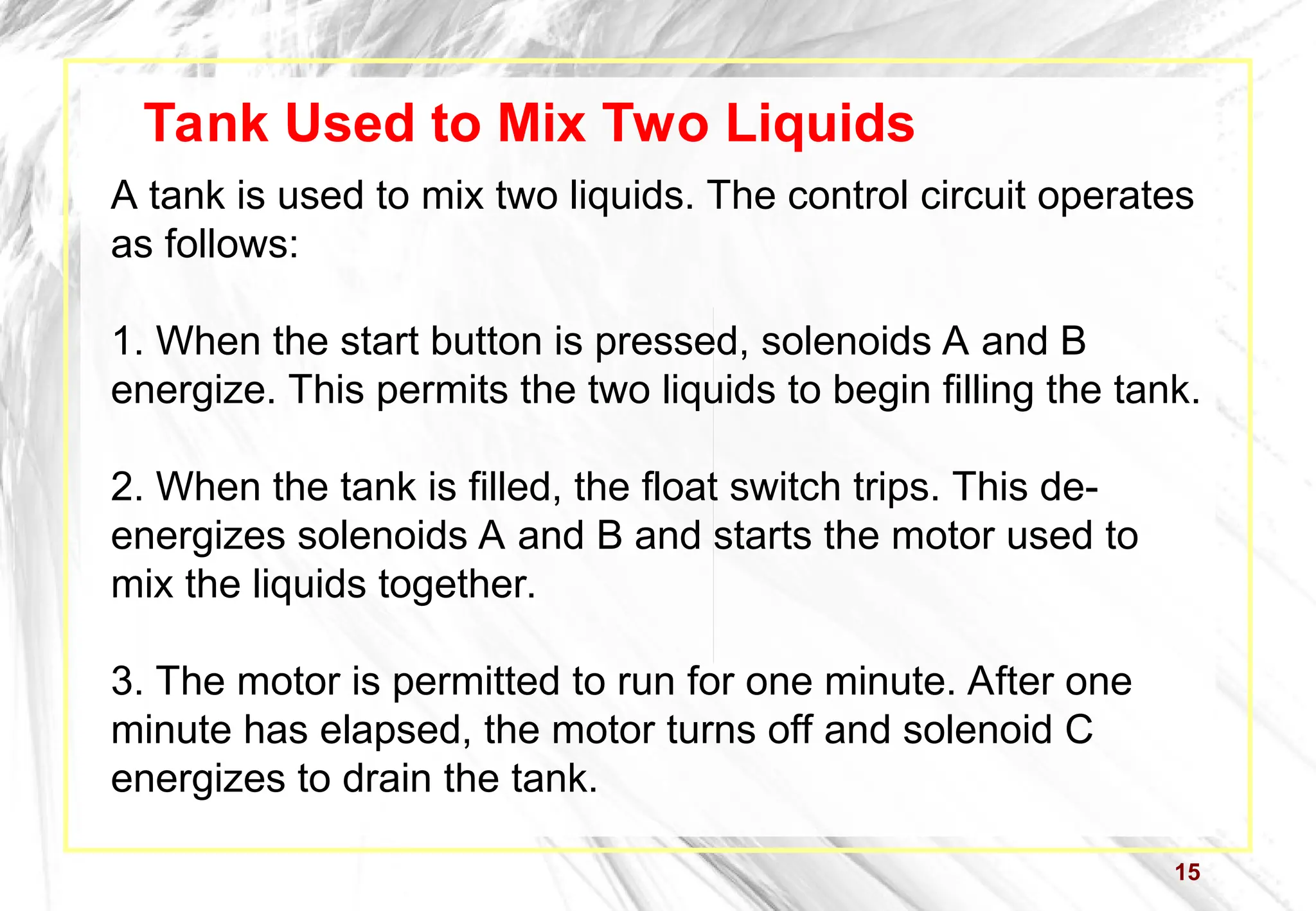 15
Tank Used to Mix Two Liquids
A tank is used to mix two liquids. The control circuit operates
as follows:
1. When the start button is pressed, solenoids A and B
energize. This permits the two liquids to begin filling the tank.
2. When the tank is filled, the float switch trips. This de-
energizes solenoids A and B and starts the motor used to
mix the liquids together.
3. The motor is permitted to run for one minute. After one
minute has elapsed, the motor turns off and solenoid C
energizes to drain the tank.
 