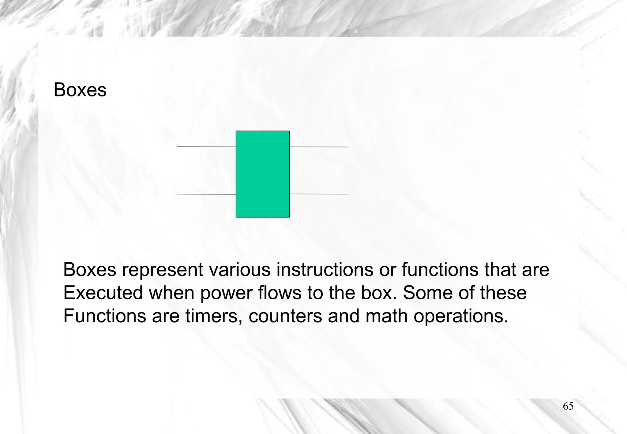 65
Boxes
Boxes represent various instructions or functions that are
Executed when power flows to the box. Some of these
Functions are timers, counters and math operations.
 
