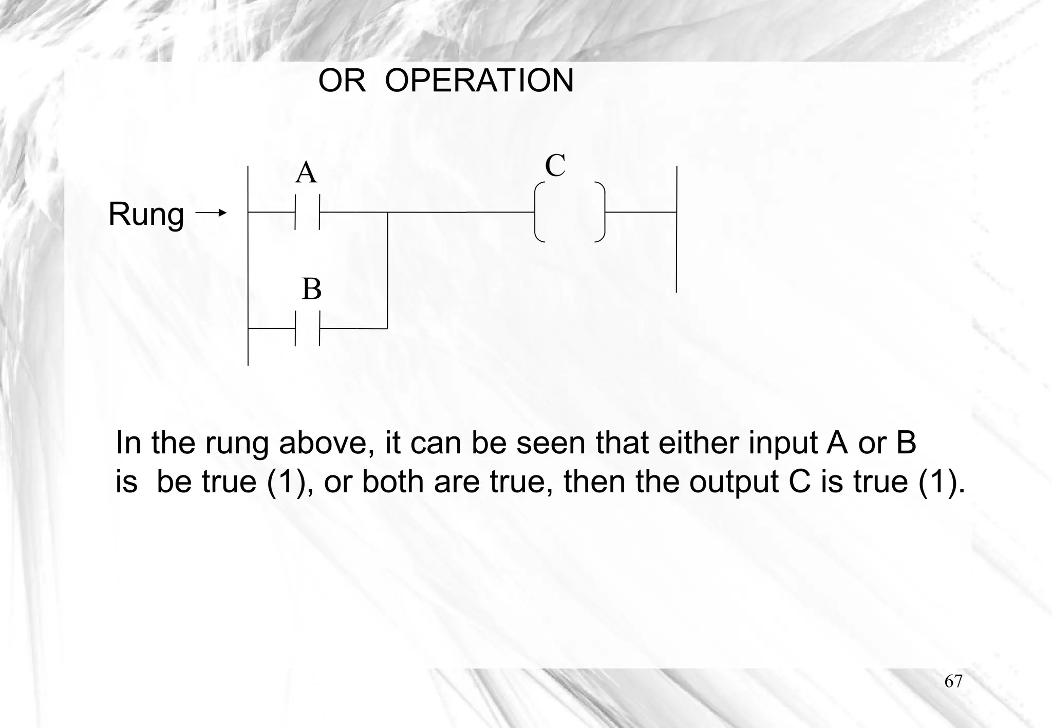 67
OR OPERATION
In the rung above, it can be seen that either input A or B
is be true (1), or both are true, then the output C is true (1).
Rung
A
B
C
 