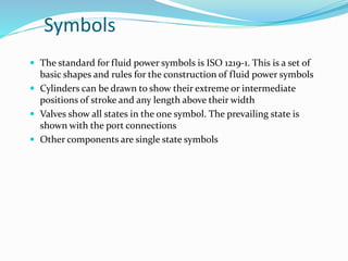 Symbols 
 The standard for fluid power symbols is ISO 1219-1. This is a set of 
basic shapes and rules for the construction of fluid power symbols 
 Cylinders can be drawn to show their extreme or intermediate 
positions of stroke and any length above their width 
 Valves show all states in the one symbol. The prevailing state is 
shown with the port connections 
 Other components are single state symbols 
 