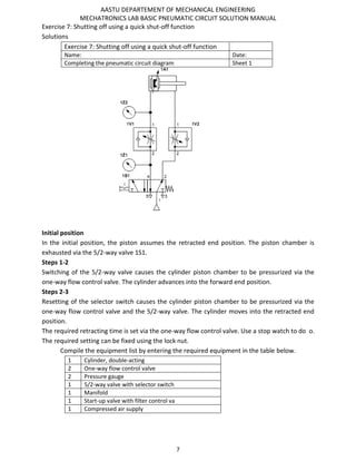 AASTU DEPARTEMENT OF MECHANICAL ENGINEERING
MECHATRONICS LAB BASIC PNEUMATIC CIRCUIT SOLUTION MANUAL
7
Exercise 7: Shutting off using a quick shut-off function
Solutions
Exercise 7: Shutting off using a quick shut-off function
Name: Date:
Completing the pneumatic circuit diagram Sheet 1
Initial position
In the initial position, the piston assumes the retracted end position. The piston chamber is
exhausted via the 5/2-way valve 1S1.
Steps 1-2
Switching of the 5/2-way valve causes the cylinder piston chamber to be pressurized via the
one-way flow control valve. The cylinder advances into the forward end position.
Steps 2-3
Resetting of the selector switch causes the cylinder piston chamber to be pressurized via the
one-way flow control valve and the 5/2-way valve. The cylinder moves into the retracted end
position.
The required retracting time is set via the one-way flow control valve. Use a stop watch to do o.
The required setting can be fixed using the lock nut.
Compile the equipment list by entering the required equipment in the table below.
1 Cylinder, double-acting
2 One-way flow control valve
2 Pressure gauge
1 5/2-way valve with selector switch
1 Manifold
1 Start-up valve with filter control va
1 Compressed air supply
 
