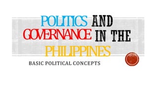 POLITICS
GO
VERN
ANCE
PHILIPPINES
BASIC POLITICAL CONCEPTS
 