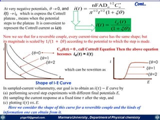 At very negative potentials,   0, and
i(t)  id which is express the Cottrell
plateau , means when the potential
steps to the plateau It is convenient to
represent the Cottrell current as id(t) )1(
)(
)(


ti
ti d
Now we see that for a reversible couple, every current-time curve has the same shape; but
its magnitude is scaled by 1/(1 + 𝜉𝜃) according to the potential to which the step is made.
Shape of I-E Curve
In sampled-current voltammetry, our goal is to obtain an 𝑖(𝜏) − 𝐸 curve by
(a) performing several step experiments with different final potentials E,
(b) sampling the current response at a fixed time 𝜏 after the step, and
(c) plotting i(𝜏) 𝑣𝑠. E.
Here we consider the shape of this curve for a reversible couple and the kinds of
information one can obtain from it.
which can be rewritten as
𝜉𝜃=0
𝜉𝜃=1
𝜉𝜃=2
𝑖
𝑡
CO(0,t) = 0 , call Cottrell Equation Then the above equation
becomes 𝒊 𝒅(𝒕) = 𝒊(𝒕)
𝜉𝜃=0
𝜉𝜃=1
𝜉𝜃=2
𝑖
𝐸
Cont..
)1(
nFAD
)( 1/21/2
1/2
o
 


t
C
ti o
 