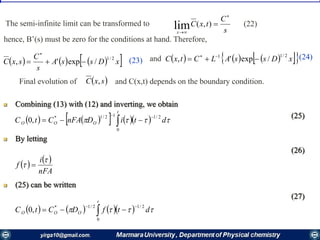  sxC ,
The semi-infinite limit can be transformed to
s
C
txC
x


),(lim (22)
      xDssA
s
C
sxC
2/1
/exp', 

       xDssALCtxC
2/11
/exp',  
(23) (24)and
hence, B’(s) must be zero for the conditions at hand. Therefore,
Final evolution of and C(x,t) depends on the boundary condition.
 Combining (13) with (12) and inverting, we obtain
(25)
 By letting
(26)
 (25) can be written
(27)
         dtiDnFACtC
t
OOO
2/1
0
12/1*
,0

 
   
nFA
i
f

 
        dtfDCtC
t
OOO
2/1
0
2/1*
,0

 
 