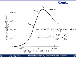 𝒏 𝑬 − 𝑬 𝟏
𝟐
=
𝑹𝑻
𝑭
𝒍𝒏𝝃 + 𝒏 𝑬𝒊 − 𝑬 𝟎′
−
𝑹𝑻
𝑭
𝝈𝒕ln
𝛑𝟏/𝟐
𝛘(𝛔𝐭)=
𝐢
𝐧𝐅𝐀𝐂𝟎
∗
𝐃𝟎
∗(
𝐧𝐅
𝐑𝐓
)𝟏/𝟐
𝐯𝟏/𝟐
𝑛𝑜𝑡 𝑡ℎ𝑎𝑡 𝒍𝒏 𝝃𝜽𝑺 𝝈𝒕 = 𝒏𝒇 𝑬 − 𝑬 𝟏
𝟐
, 𝒘𝒉𝒆𝒓𝒆
2/1
0
2/1
0'0
2/1 ln
D
D
nF
RT
EE 
Cont..
 