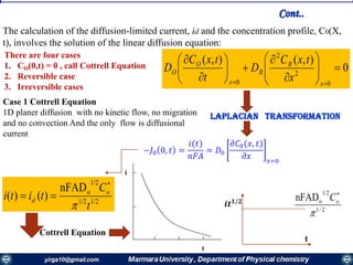 −𝐽0 0, 𝑡 =
𝑖(𝑡)
𝑛𝐹𝐴
= 𝐷0
𝜕𝐶0(𝑥, 𝑡)
𝜕𝑥 𝑥=0
There are four cases
1. CO(0,t) = 0 , call Cottrell Equation
2. Reversible case
3. Irreversible cases
Case 1 Cottrell Equation
1D planer diffusion with no kinetic flow, no migration
and no convection And the only flow is diffusional
current
1/21/2
1/2
onFAD
)()(
t
C
titi o
d



Cottrell Equation
t
i
t
𝒊𝒕 𝟏/𝟐
2/1
1/2
onFAD


oC
Laplacian transformation
The calculation of the diffusion-limited current, id and the concentration profile, C0(X,
t), involves the solution of the linear diffusion equation:
Cont..
0
),(),(
0
2
2
0
















 x
R
R
x
O
O
x
txC
D
t
txC
D
 