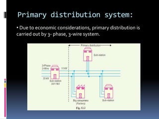 Primary distribution system:
• Due to economic considerations, primary distribution is
carried out by 3- phase, 3-wire system.
 